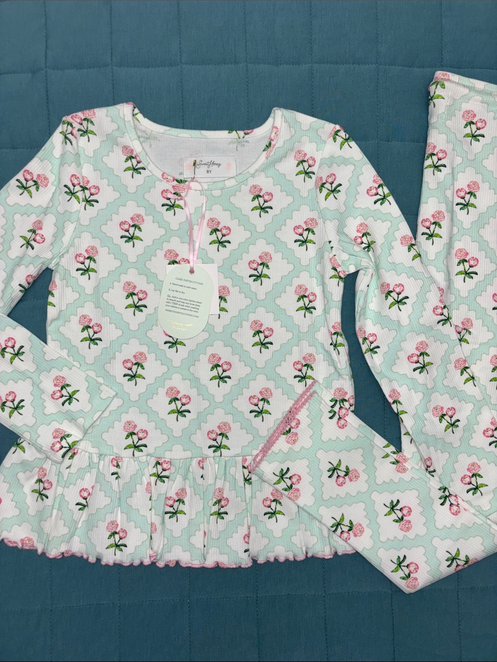 SweetHoney Pink & Mint Floral Ruffle Girls Set NWT 8